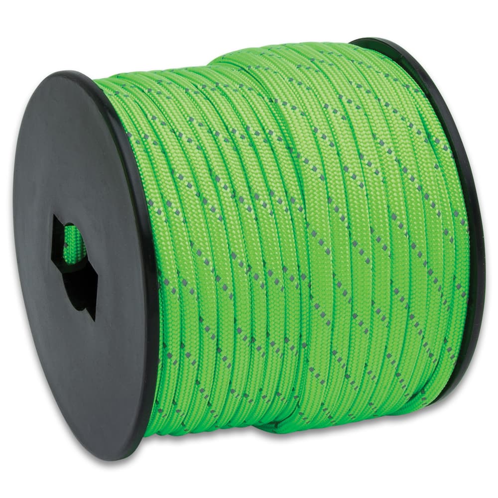 Angled image of Green 750LBS Reflective Paracord Roll. image number 1